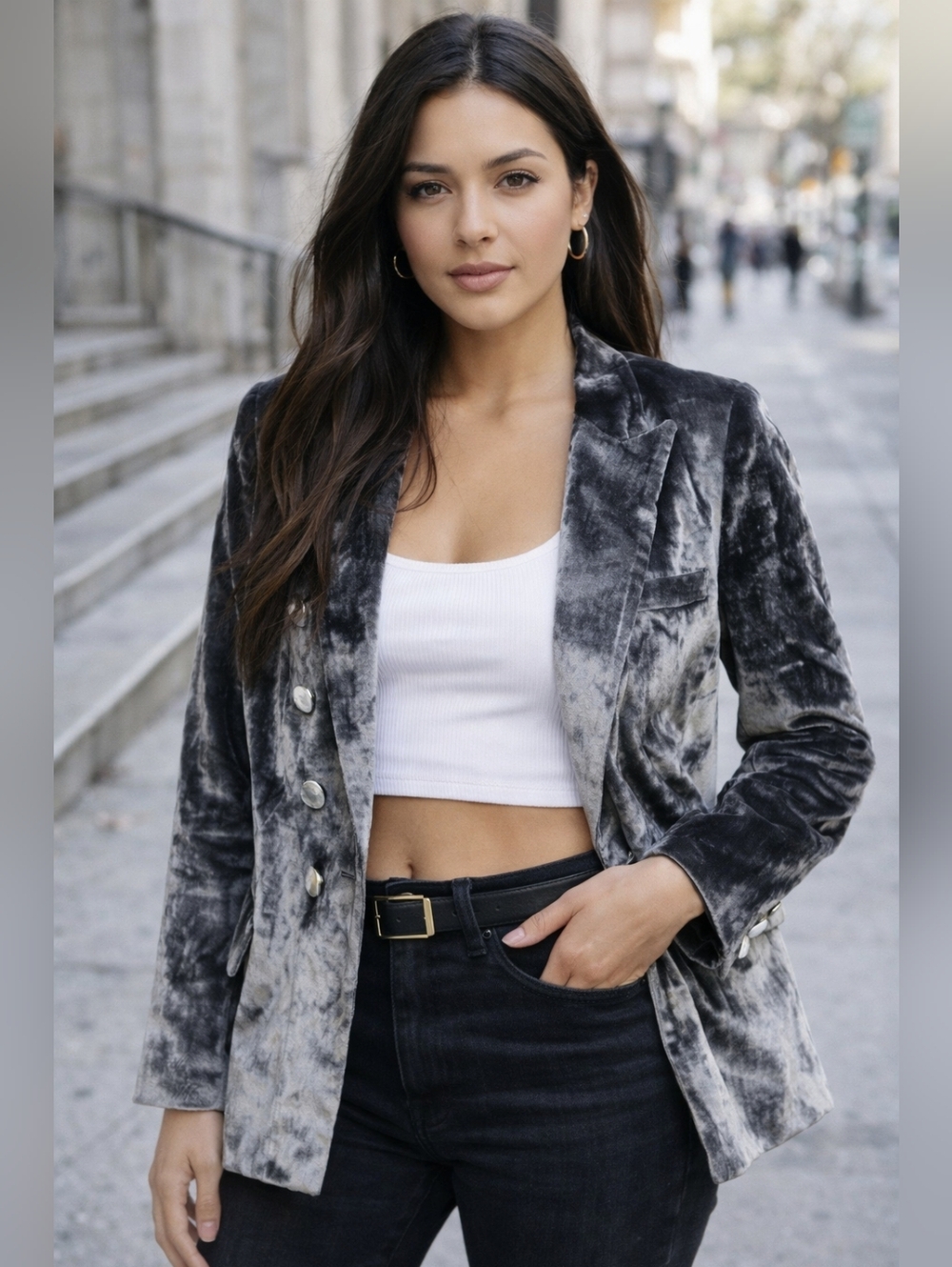 House of Harlow 1960 Gray Velvet Double-Breasted Blazer Size L